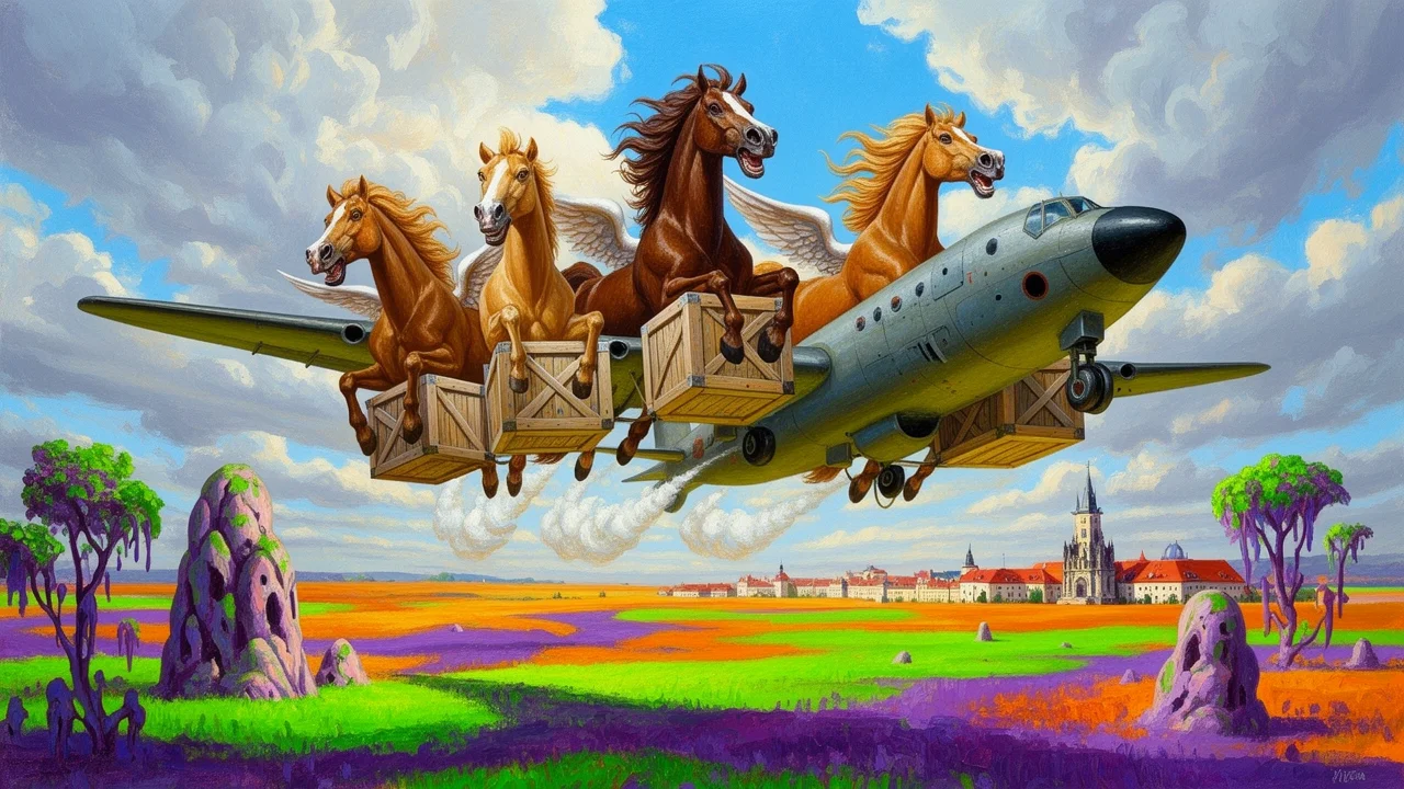 Cover art: Čtyři hřebci v oblacích míří do kazašské stepi