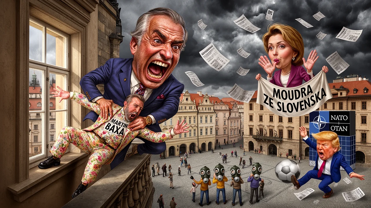 Cover art: Uražený ministr drží v ruce silné vidle