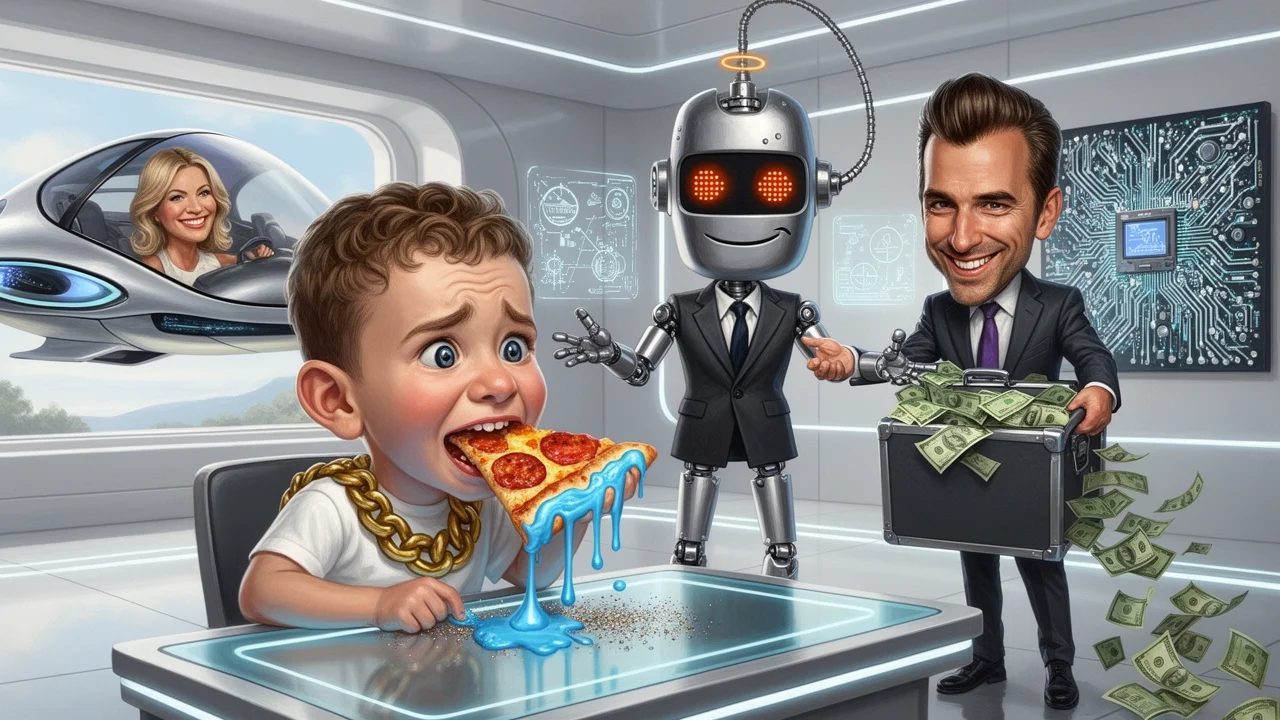 Cover art: Robot za milion učí boháče jíst lepidlo