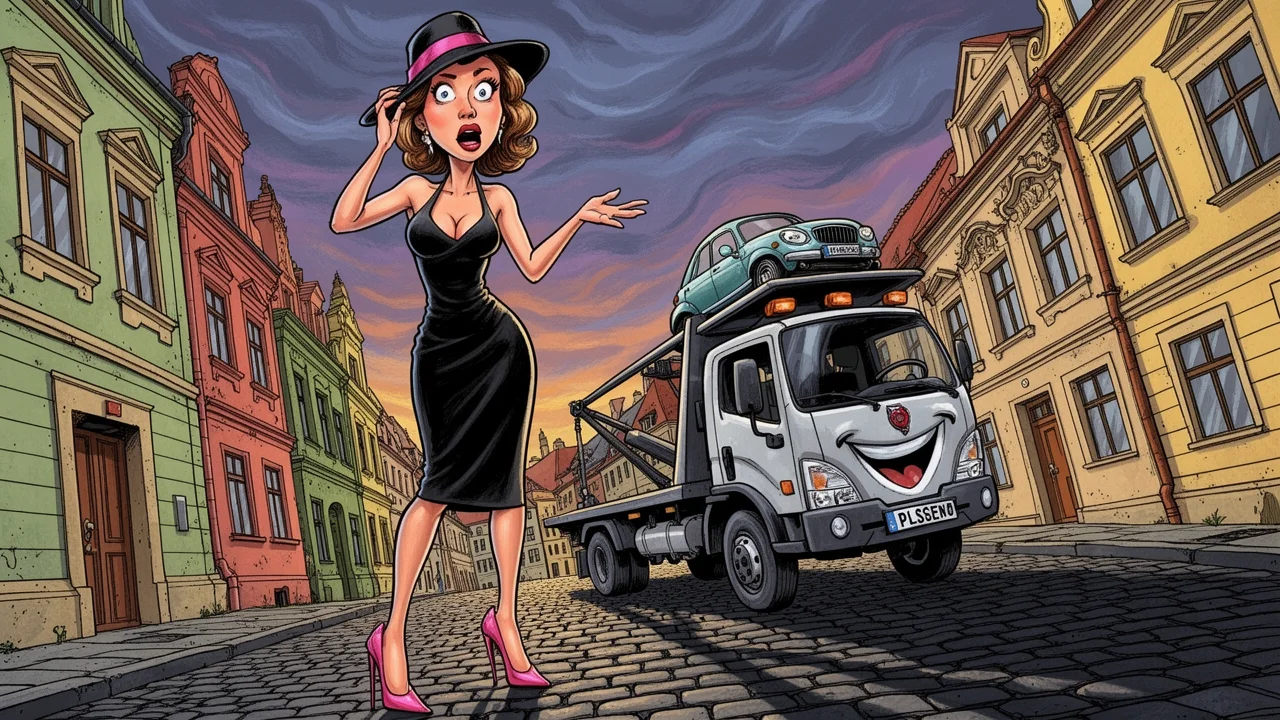 Cover art: Hvězdná Miss bez auta před plzeňskou restaurací