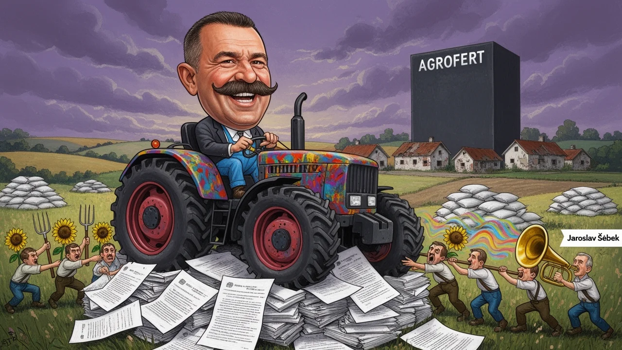 Cover art: Všechna pole Babišovi, malý farmář se bouří