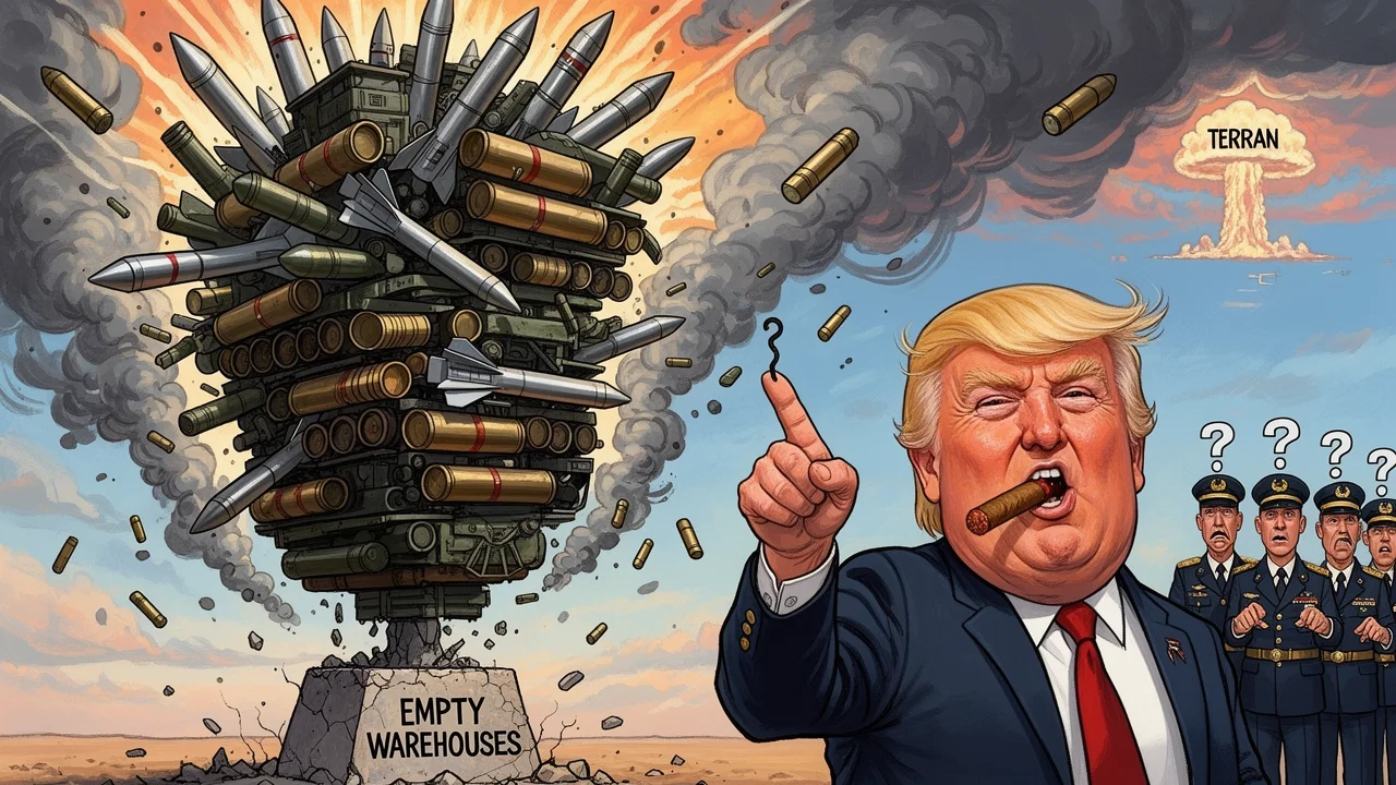 Cover art: Prázdné sklady raket a Donald Trump na trůnu