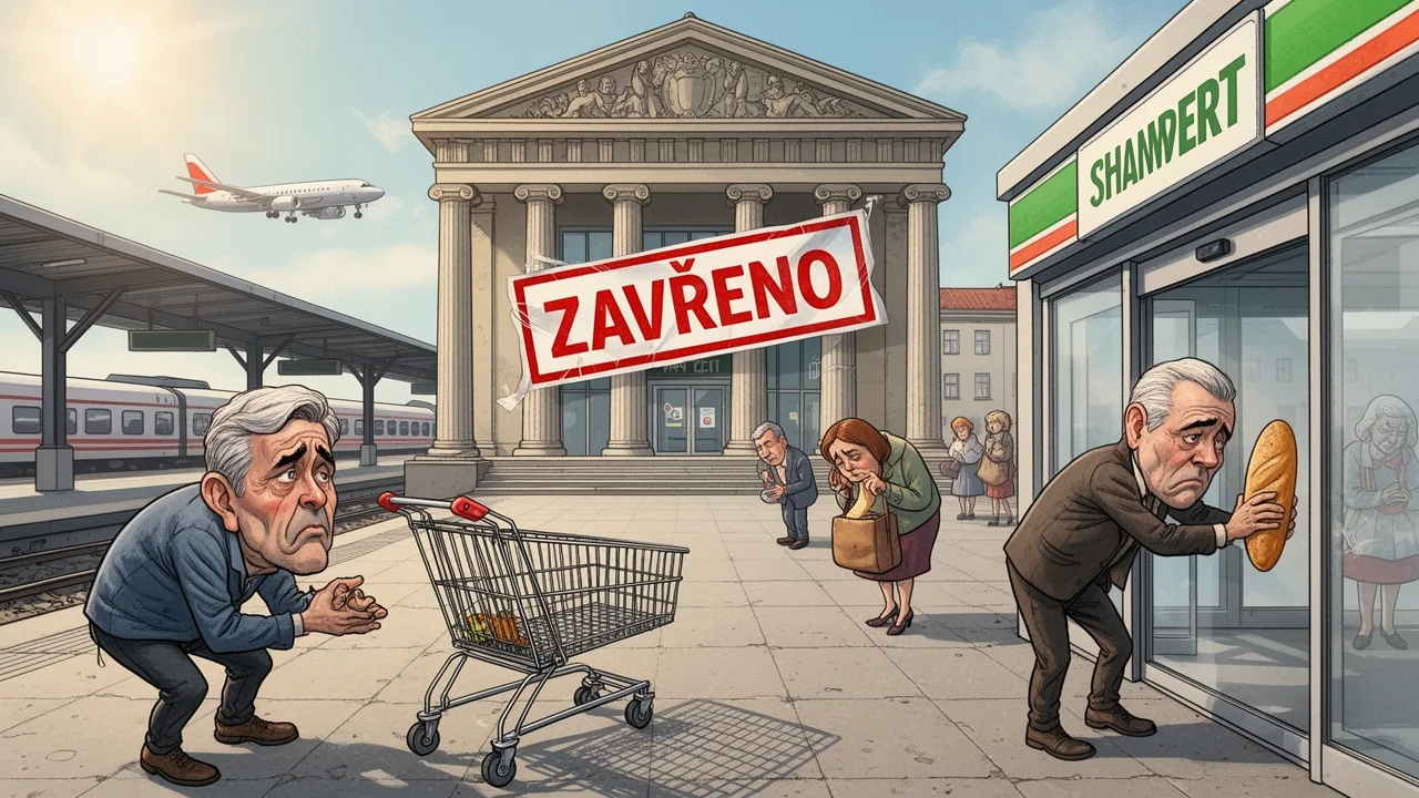 Cover art: Hladový pátek před zamčenou bránou supermarketu
