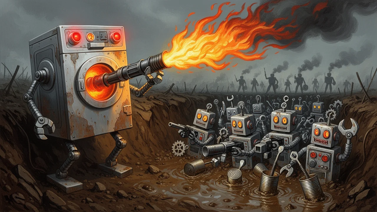 Cover art: Plechový robot s plamenometem v zákopu