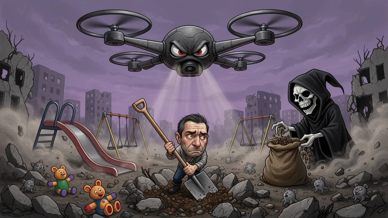 Cover art: Zničená mateřská školka v sutinách ruských zbraní