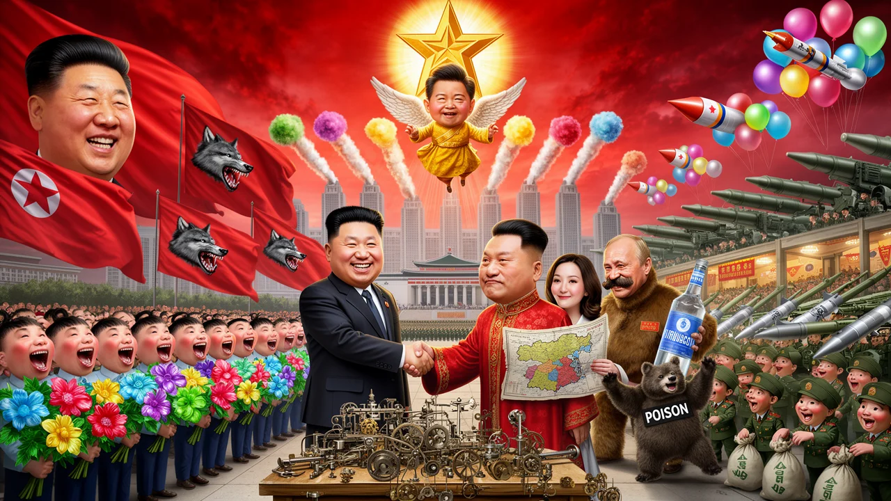 Cover art: Dva diktátoři pod nebem plným barevných balónků