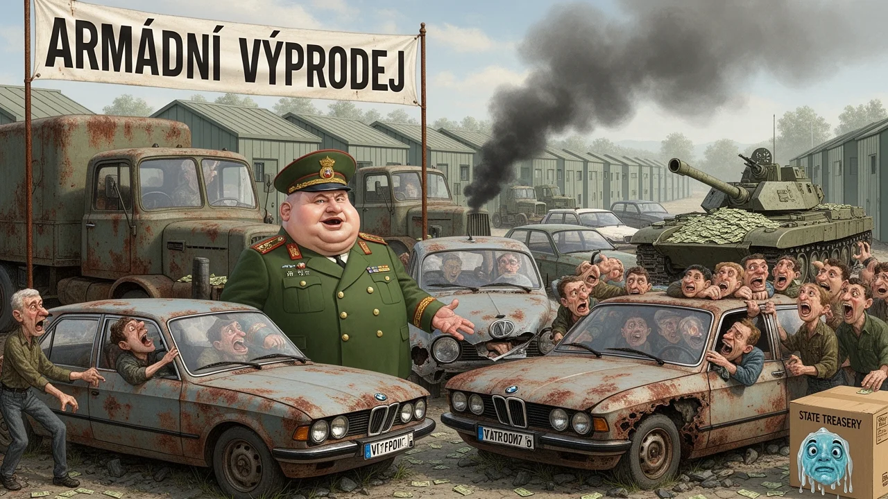 Cover art: Armádní výprodej, kde padají na zem plechy