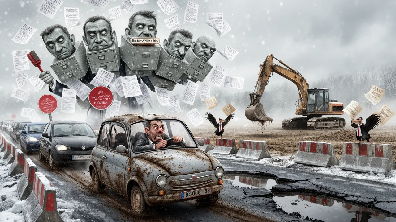 Cover art: Úřední tiskárna dluhů na rozkopané dálnici