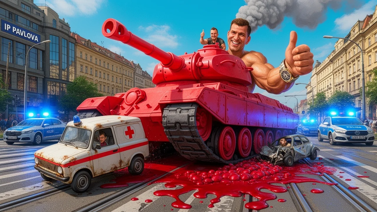 Cover art: Malý tank a převrácená krev na kolejích v centru