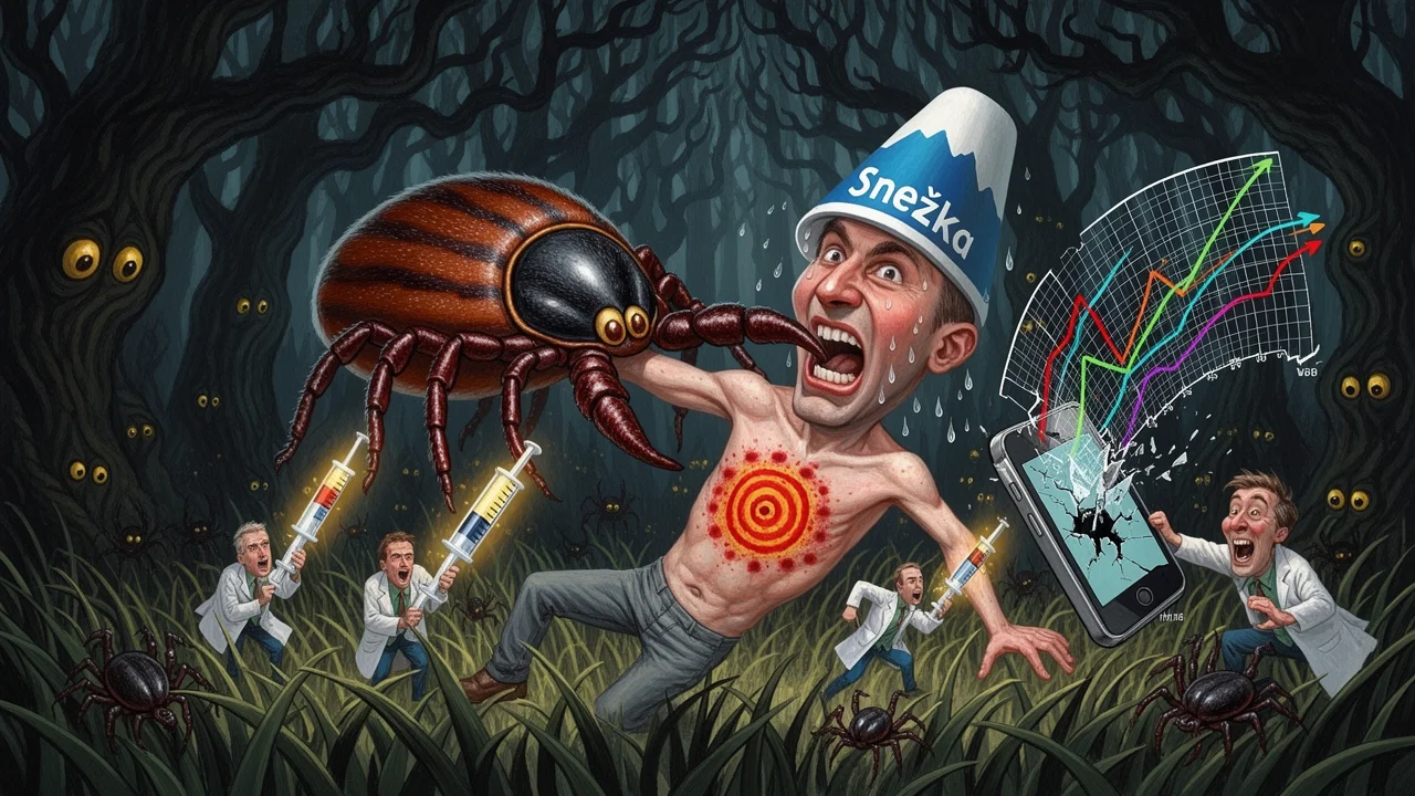 Cover art: Červený terč na kůži a klíšťata v útočném šiku