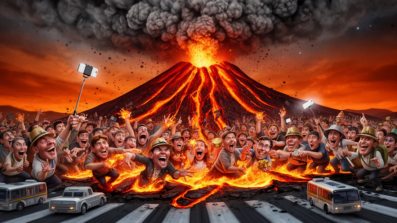 Cover art: Turistická erupce láká dav na horký sešup