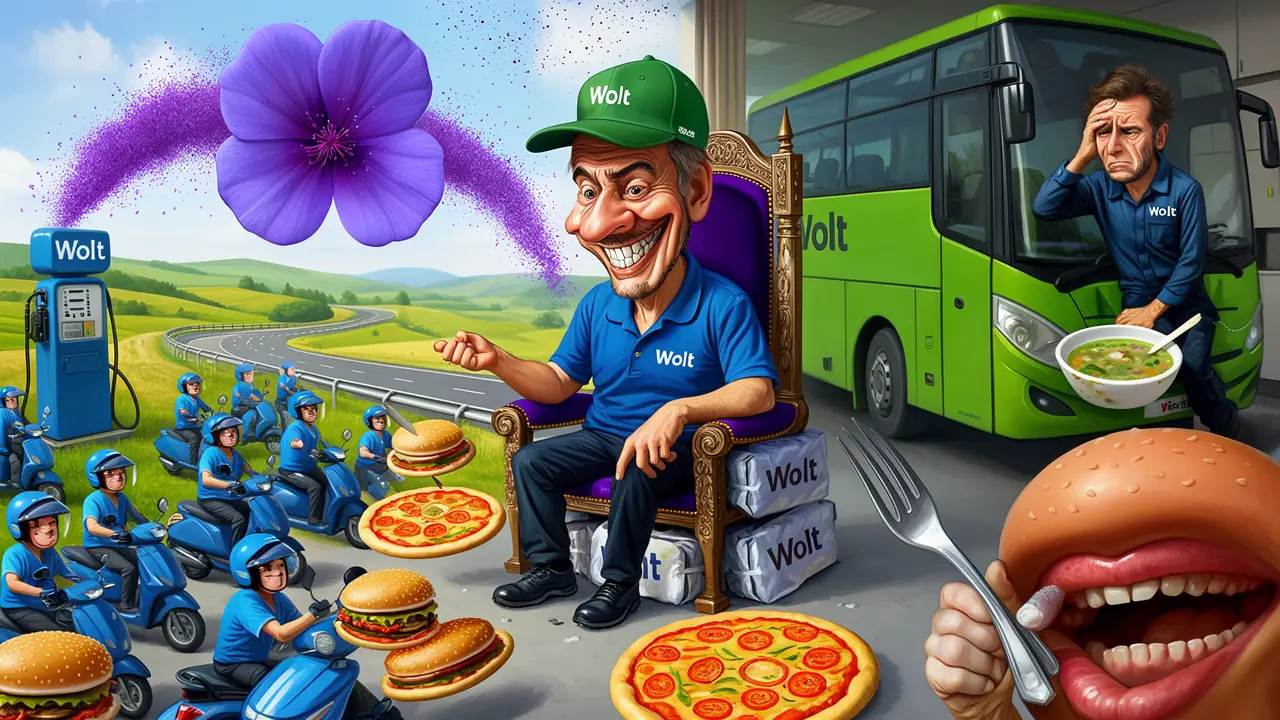 Cover art: Zelený autobus parkuje, modrý kurýr startuje