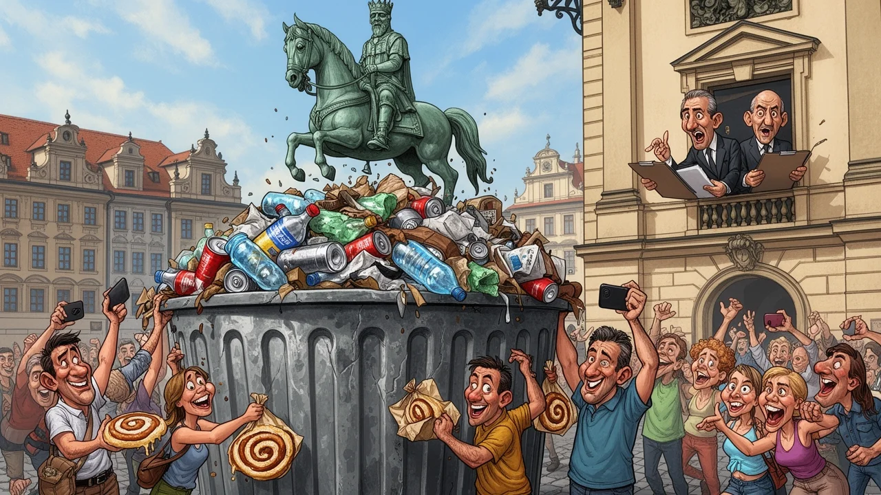 Cover art: Sladké trdelníky a tuny plechovek na dlažbě u koně