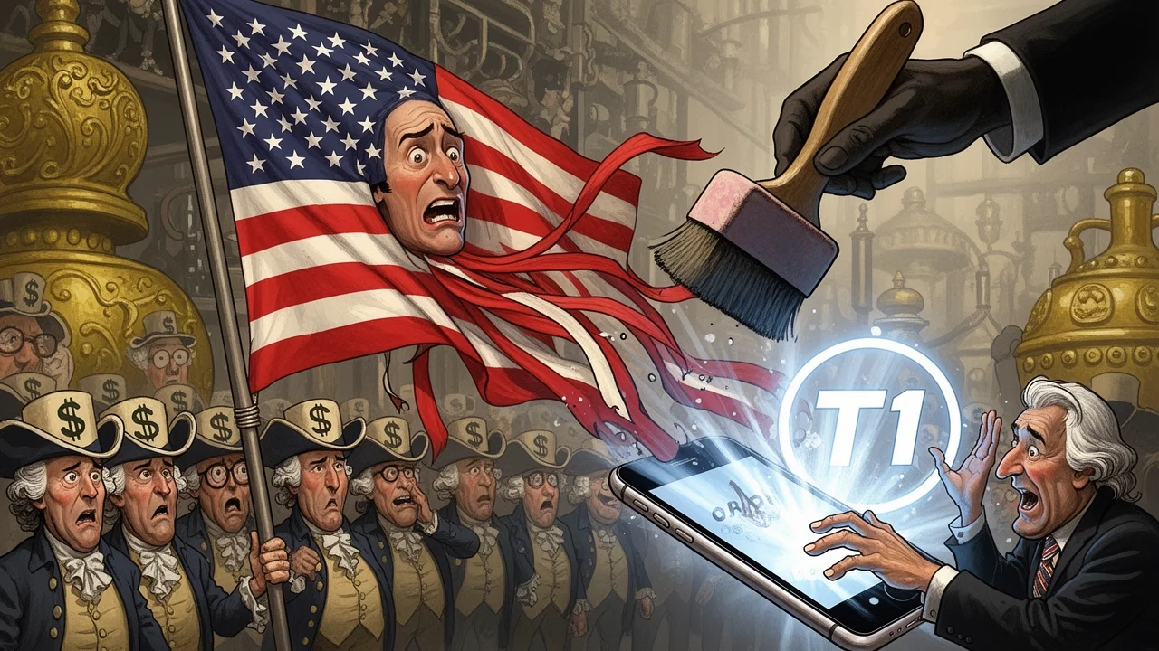 Cover art: Rozpadající se vlajka na neexistujícím zlatém telefonu