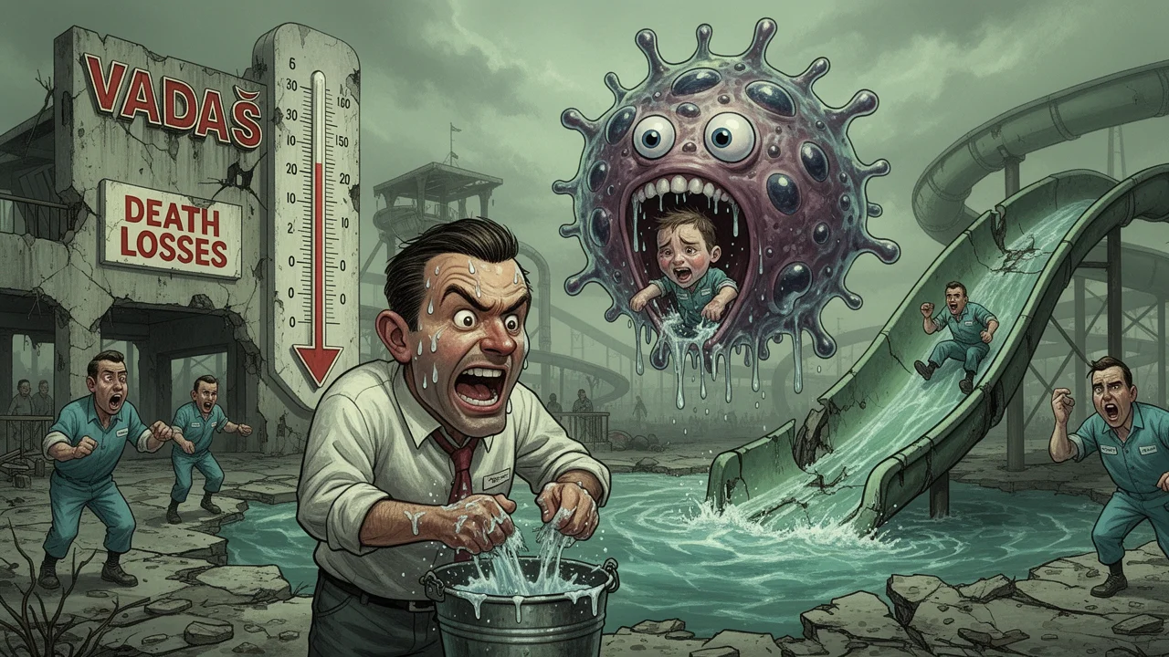 Cover art: Byznysmeni na kolenou prosí vodu o ztracené statisíce