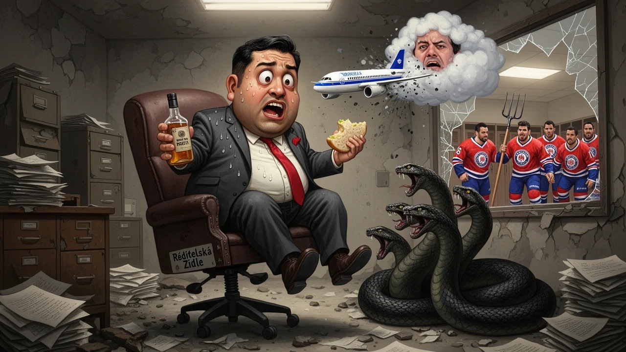 Cover art: Úřad v troskách a prázdná láhev k tomu