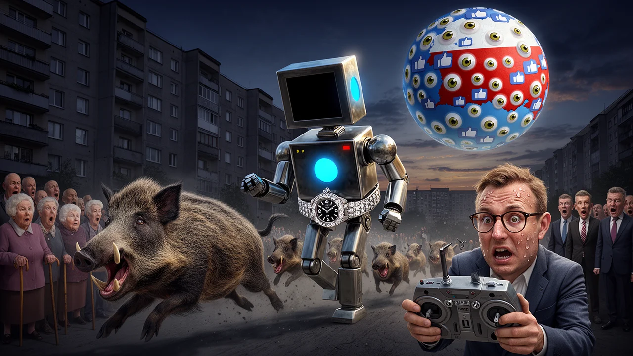 Cover art: Plechový borec s Rolexem nahání prasata do lesa