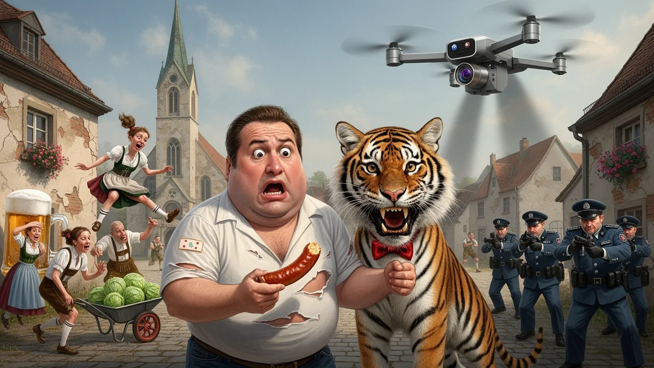 Cover art: Německá vesnice v šoku, soukromý tygr terorizuje ulice