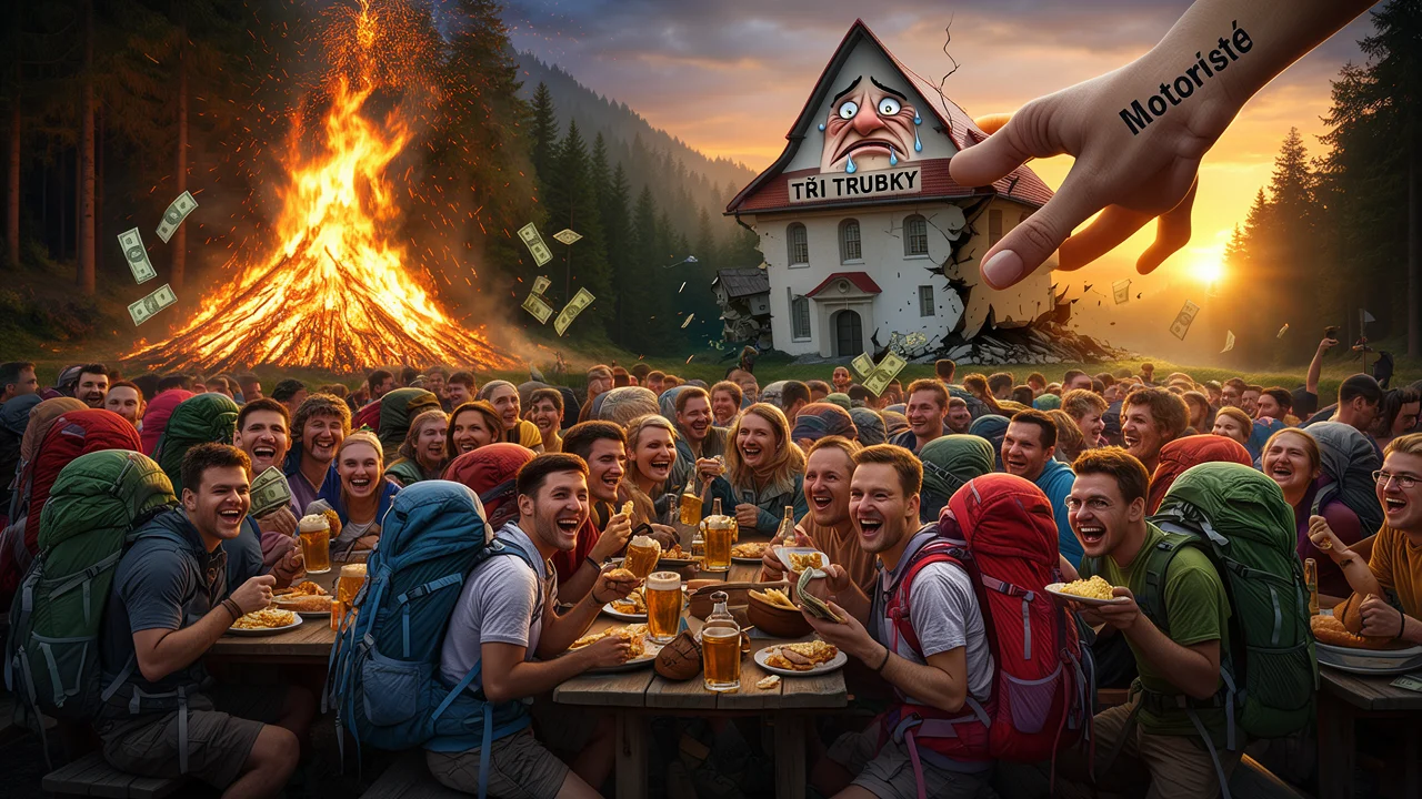 Cover art: Plné hospody, ohniště v lese a prázdná kasa