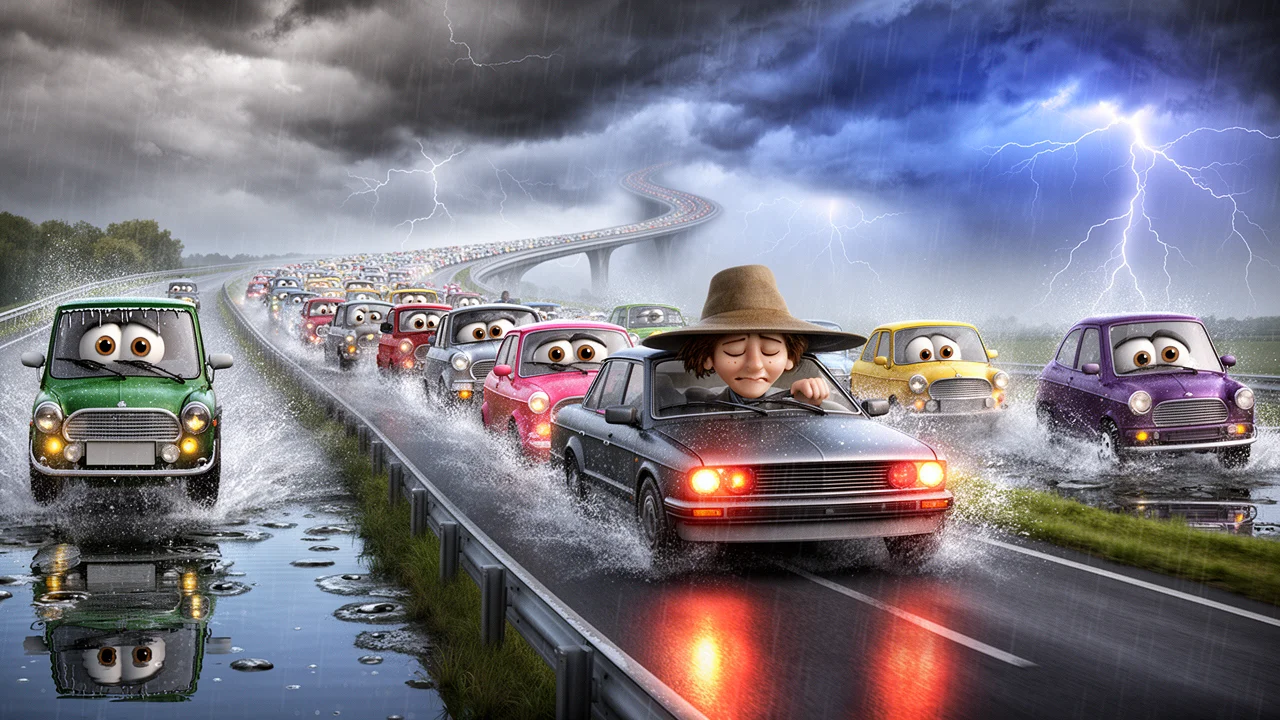 Cover art: Mokrá dálnice a brzdová světla v dešti