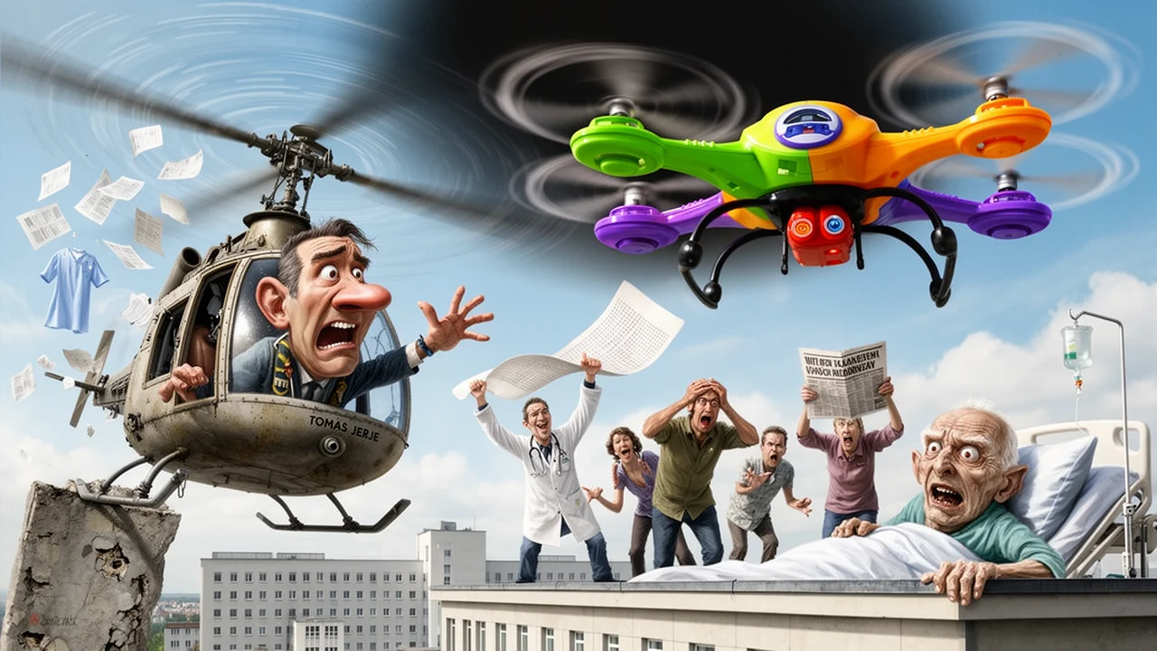 Cover art: Absurdní divadlo s dronem na střeše nemocnice