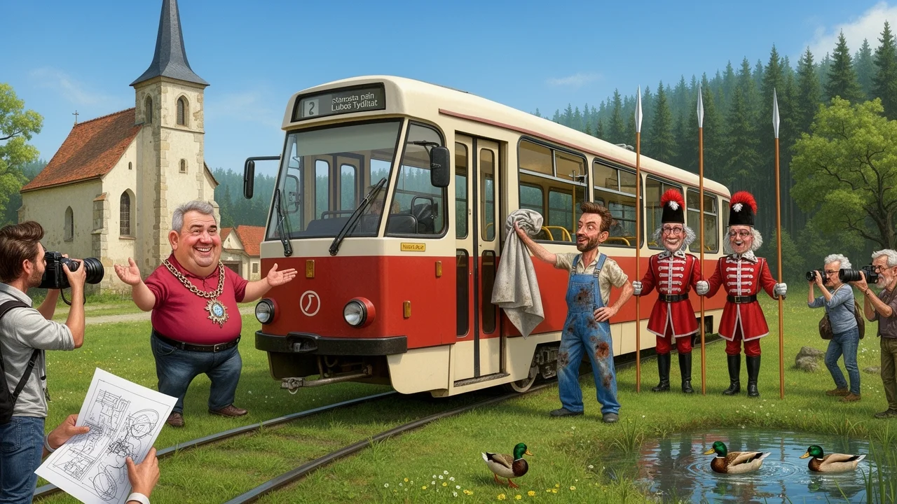 Cover art: Pražská tramvaj bez kolejí v trávě marně čeká