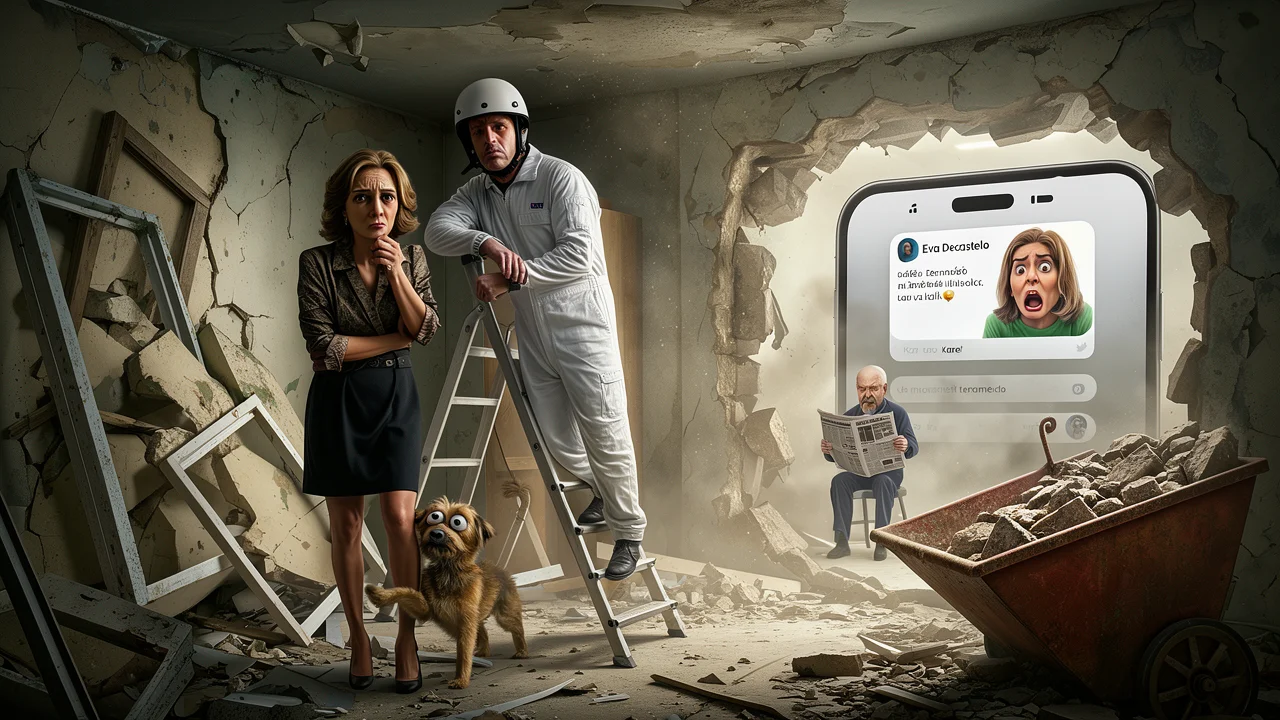 Cover art: Tažná kráva Alice u hromady sutin hořce pláče