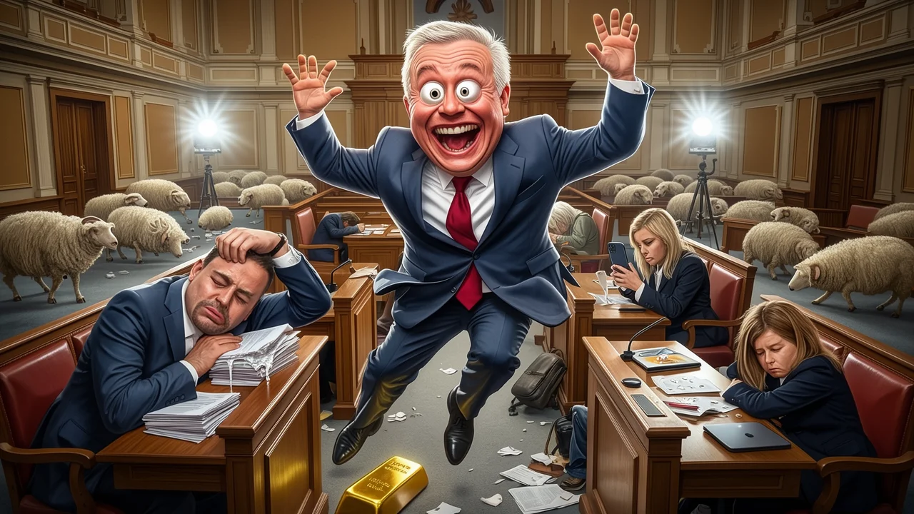 Cover art: Vzorný premiér a poslanecká lavice plná prázdnoty