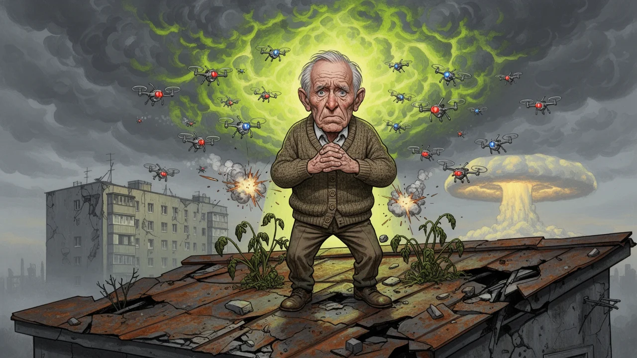 Cover art: Hrdina z reaktoru utíká před hejnem dronů