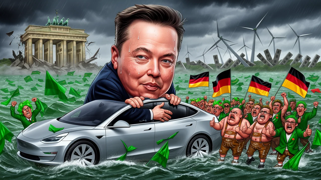 Cover art: Tesla v Německu padá, drží ji jen příznivec AfD nad vodou
