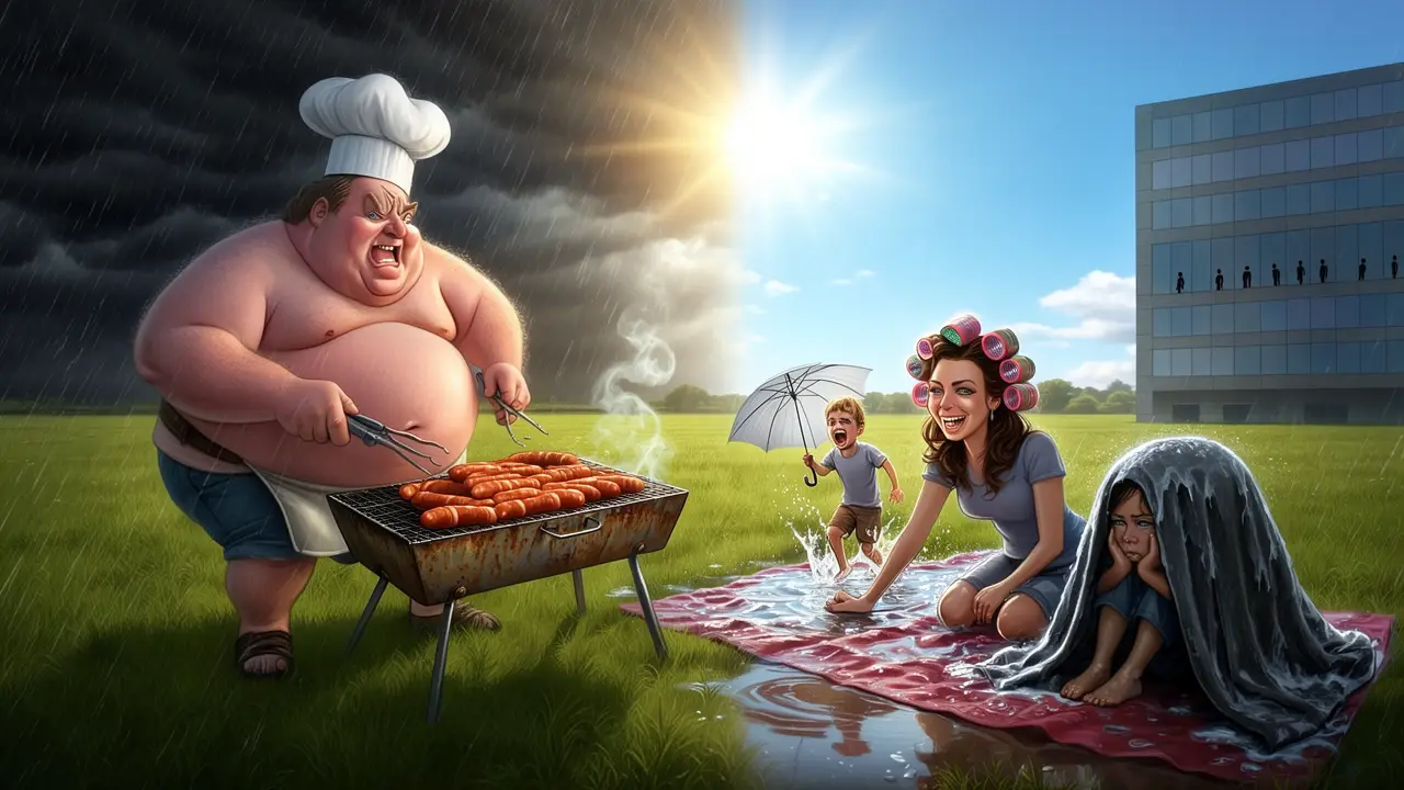 Cover art: Sobotní grilování pod sluncem a nedělní déšť