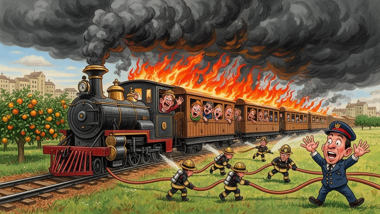 Cover art: Hořící tráva, patnáct hasičů a náš stojící vlak