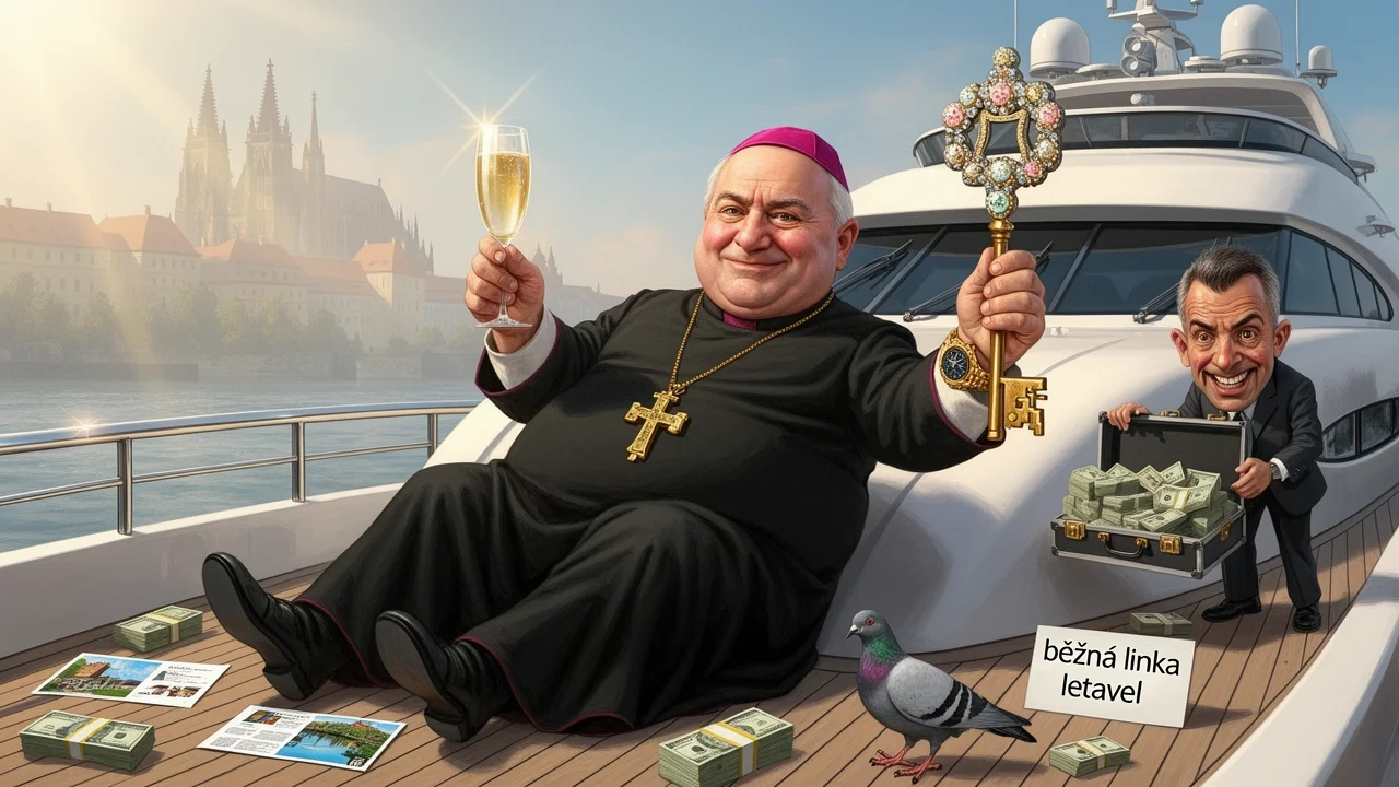 Cover art: Svatý jáhen létá tryskáčem a lidé se modlí