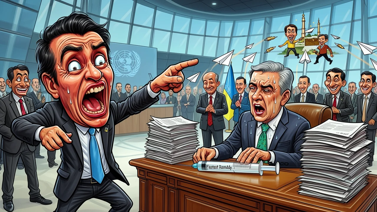 Cover art: Diplomatická komedie, kde agresor ukazuje prstem na cizí