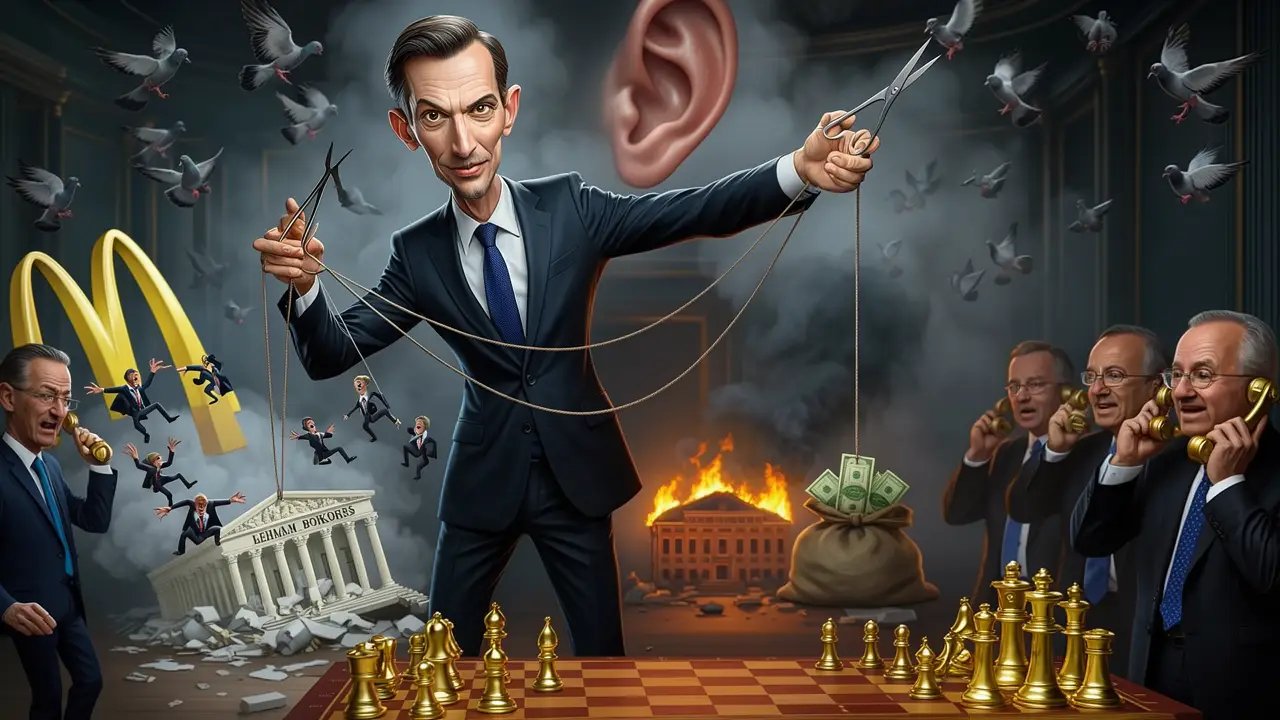 Cover art: Muž ve stínu, kterému miliardáři zvedají telefon